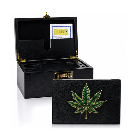 High Quality Green Weed Leaf Black Bamboo Wooden Stash Box with Lock, Wood Rolling Tray SS-7911
