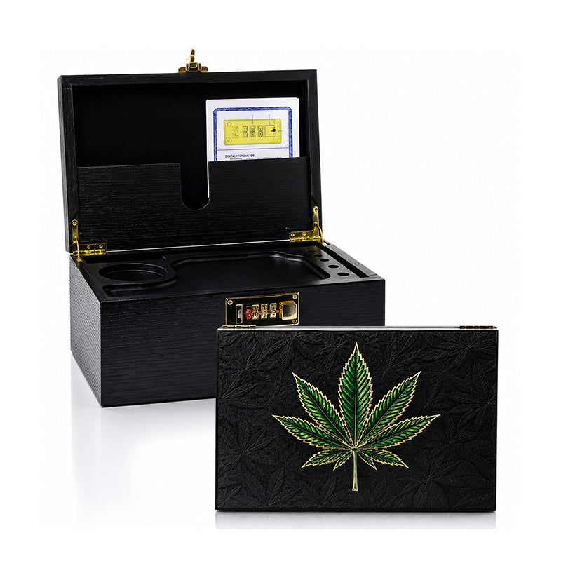 High Quality Green Weed Leaf Black Bamboo Wooden Stash Box with Lock, Wood Rolling Tray SS-7911