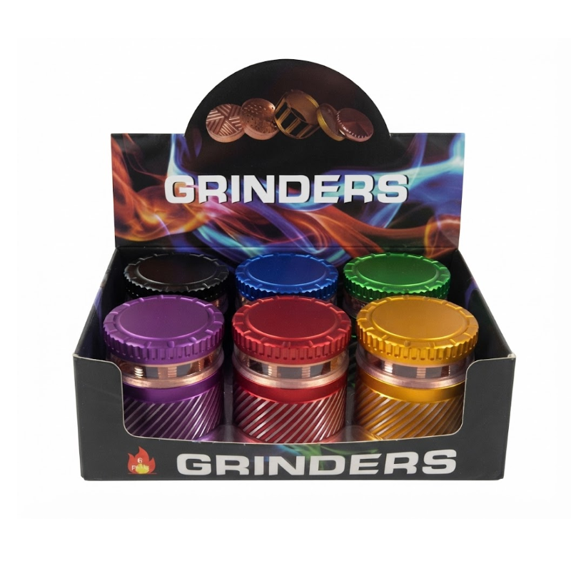 Premium Metal Herb 63mm Grinder Set – 6 Piece Display Box | with Clear Lid Assorted Colors SS-1231