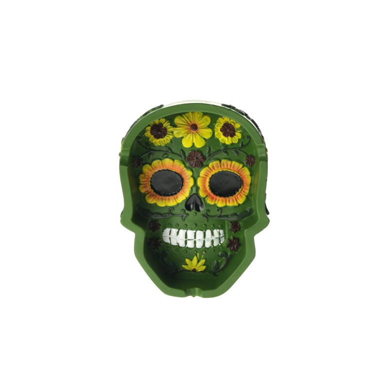 POLY STONE ASHTRAYS - FLORAL SKULL MIXED COLORS 6PCS in Display box SS-1610