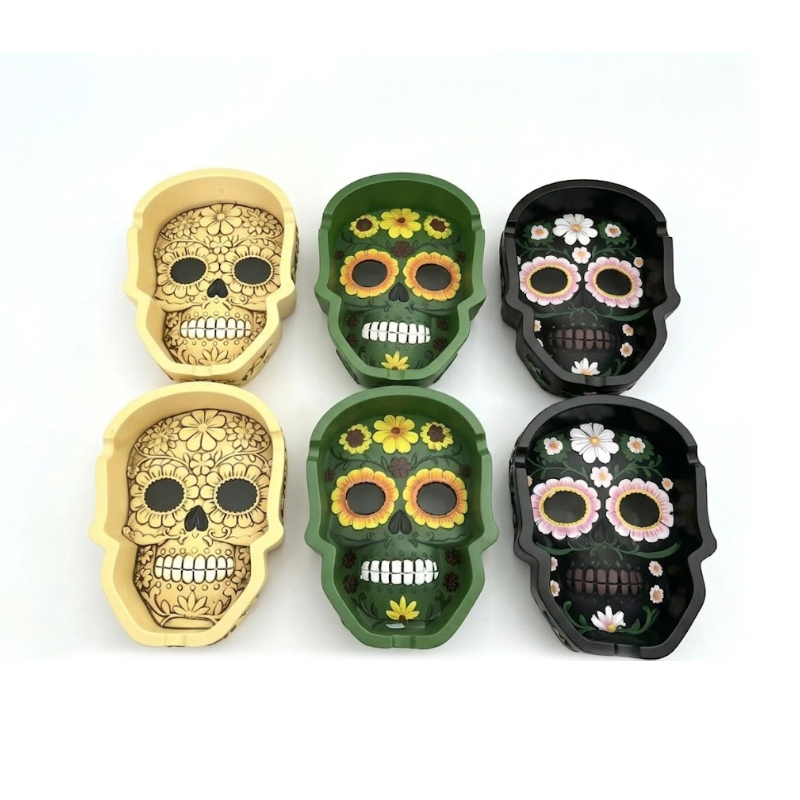 POLY STONE ASHTRAYS - FLORAL SKULL MIXED COLOURS LARGE 6PCS in Display box SS-1610