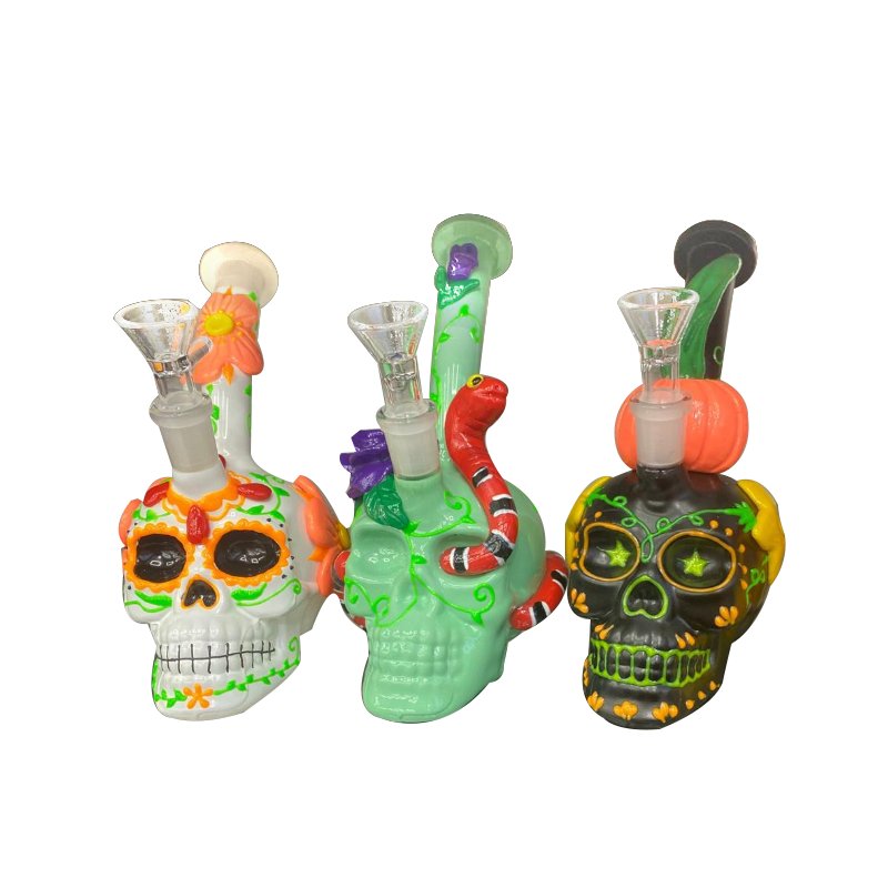 Sugar Skull-Themed Glass Bong Water Pipe Assorted Colour x 1
