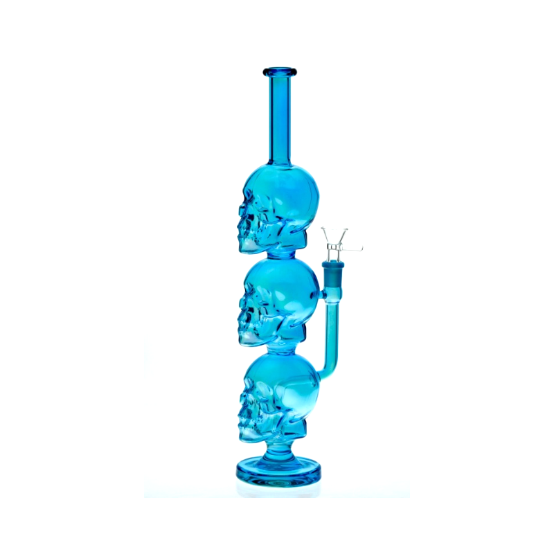 Triple Skull Blue Glass Water Pipe 30cm Bong - Assorted colour