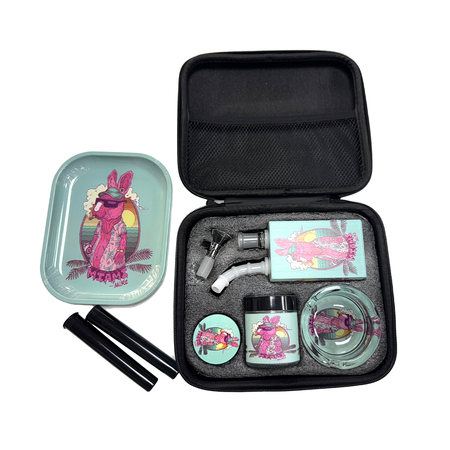 Zipper Set Smoking Bong Set with Ashtray, Grinder, Tray and Containers Gift Set- Rabbit Design 03