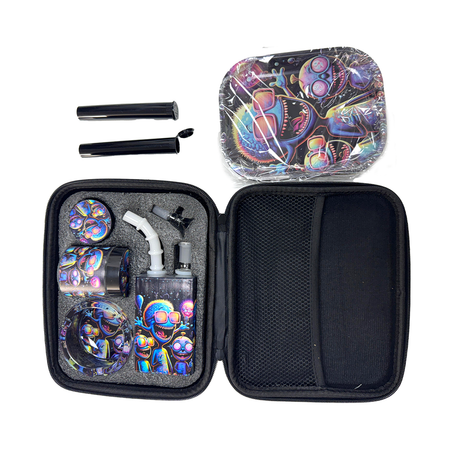 Zipper Set Smoking Bong Set with Ashtray, Grinder, Tray and Containers Gift Set - Alien Design 03
