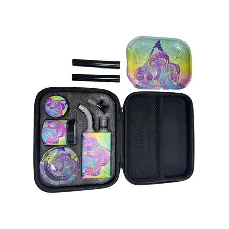 Zipper Set Smoking Bong Set with Ashtray, Grinder, Tray and Containers Gift Set - Mushroom Design 01
