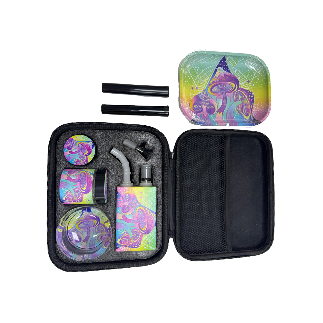 Zipper Set Smoking Bong Set with Ashtray, Grinder, Tray and Containers Gift Set - Mushroom Design 01