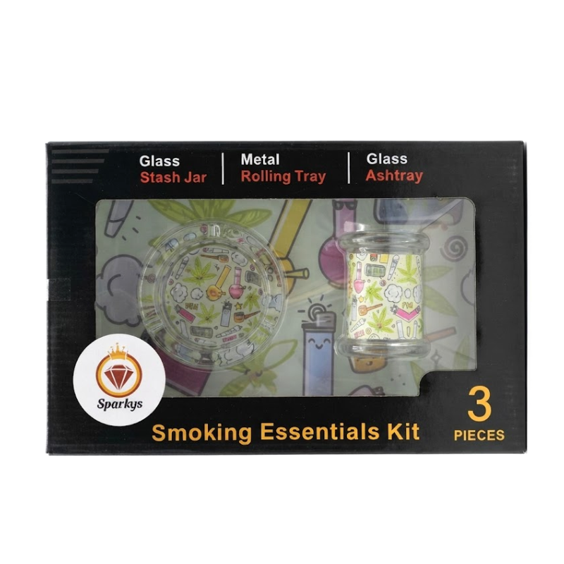 Smoking Essentials 3-Piece Kit – Glass Stash Jar, Metal Rolling Tray & Glass Ashtray Assorted designs