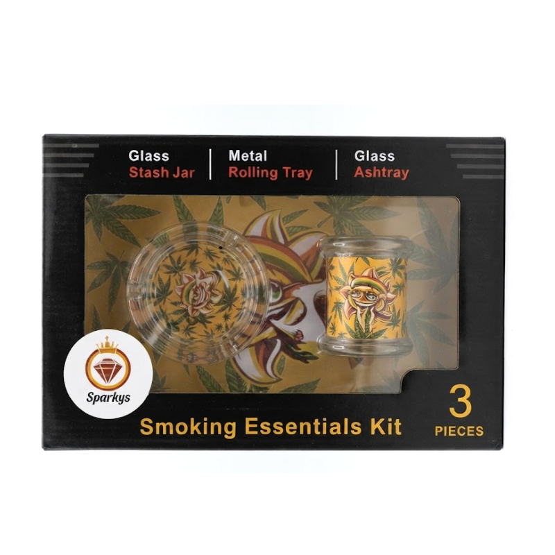 Smoking Essentials 3-Piece Kit – Glass Stash Jar, Metal Rolling Tray & Glass Ashtray Assorted designs