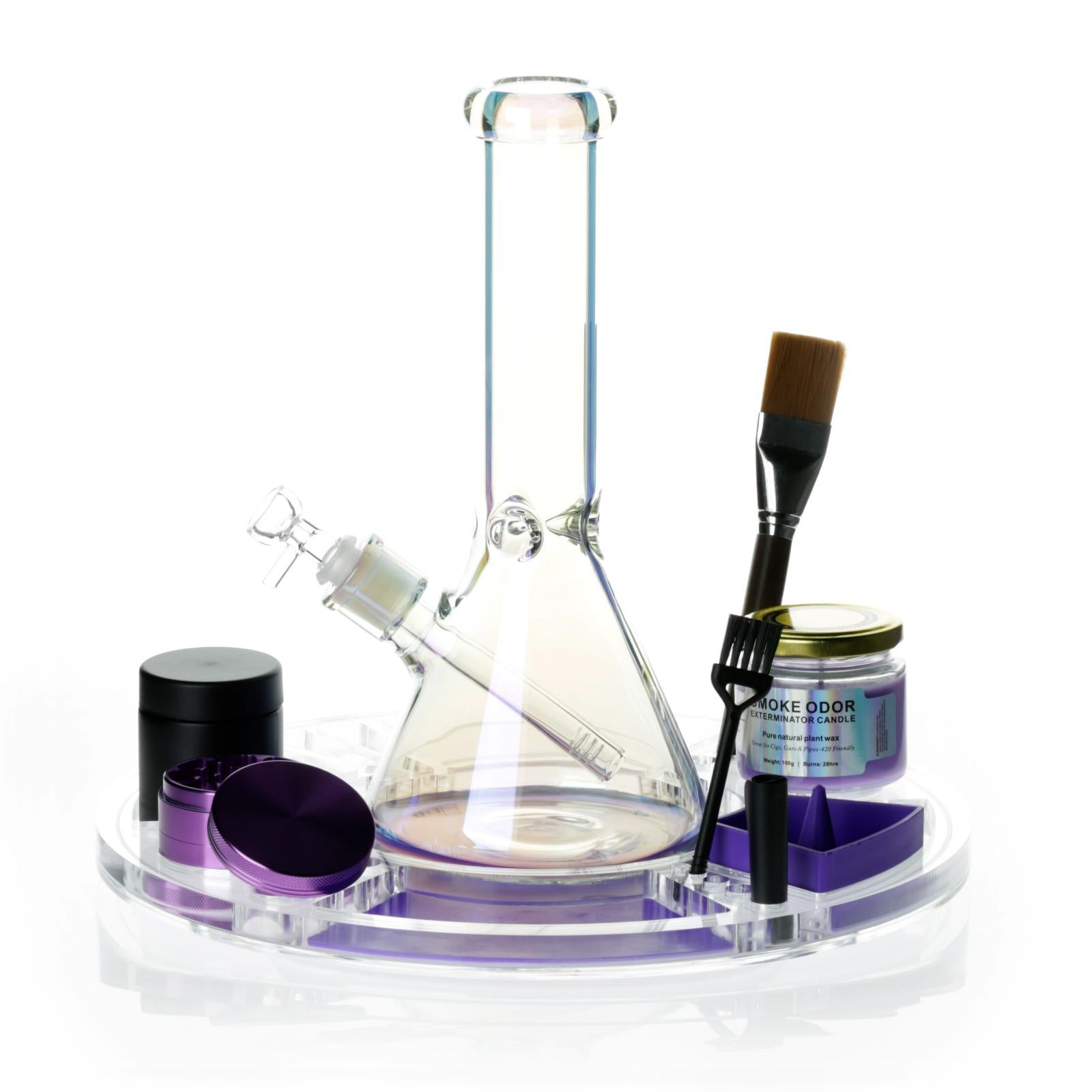 Spinning Rolling Tray + Glass Bong Set with Candle, Grinder & Accessories - Purple