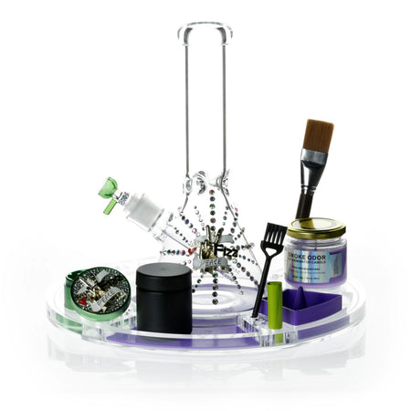 Spinning Rolling Tray + Glass Bong Set with Candle, Grinder & Accessories - Green Peace