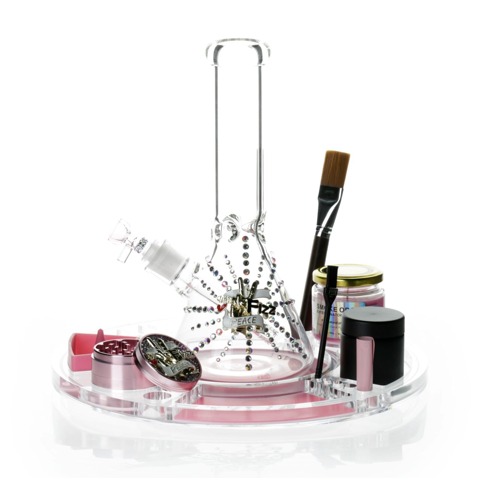 Spinning Rolling Tray + Glass Bong Set with Candle, Grinder & Accessories - Pink Peace
