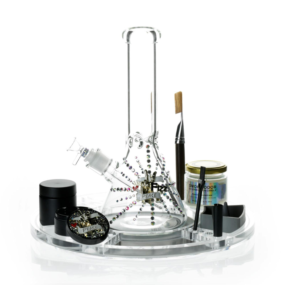 Spinning Rolling Tray + Glass Bong Set with Candle, Grinder & Accessories - Peace Black