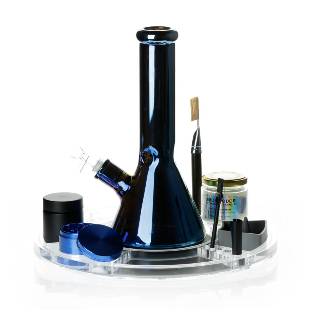 Spinning Rolling Tray + Glass Bong Set with Candle, Grinder & Accessories - Blue