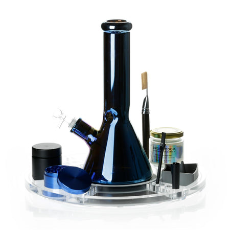 Spinning Rolling Tray + Glass Bong Set with Candle, Grinder & Accessories - Blue