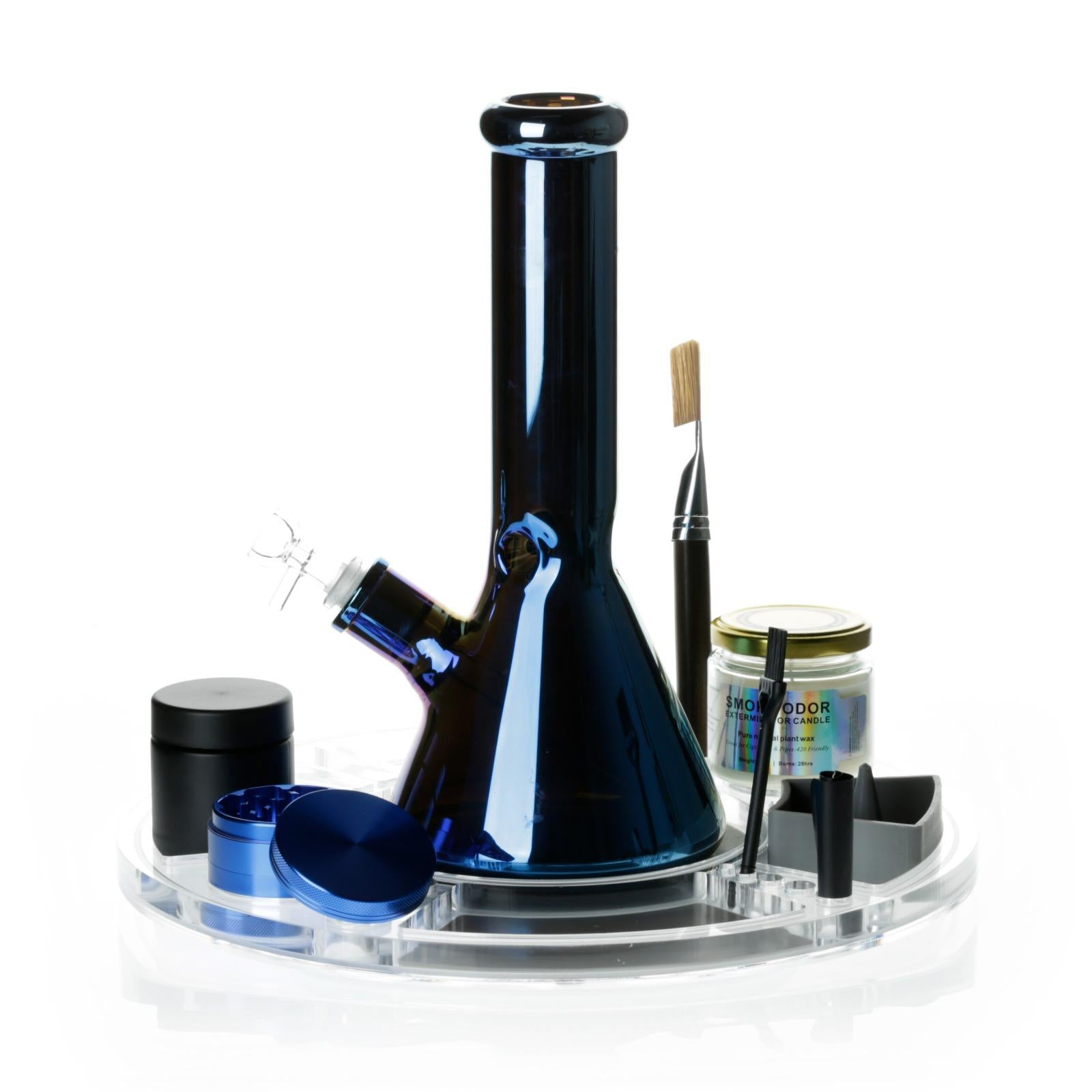 Spinning Rolling Tray + Glass Bong Set with Candle, Grinder & Accessories - Blue