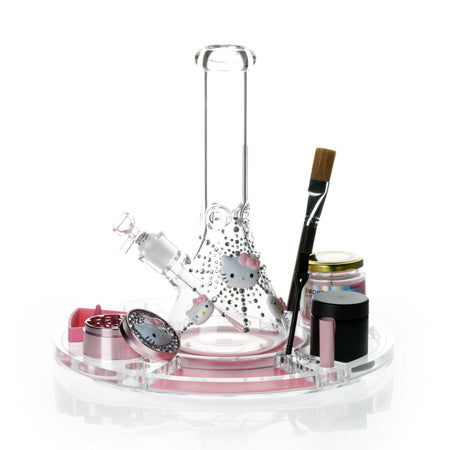 Spinning Rolling Tray + Glass Kitty Bong Set with Candle, Grinder & Accessories - Pink