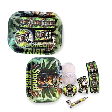 Stoned Tribe Metal Tray Set Oil Lighter + Small Metal Pipe + Plastic grinder + 3pc Joint Holder GS3073