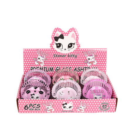 Premium Glass Ashtray Stoner Kitty Round – 85mm (6 Pack)
