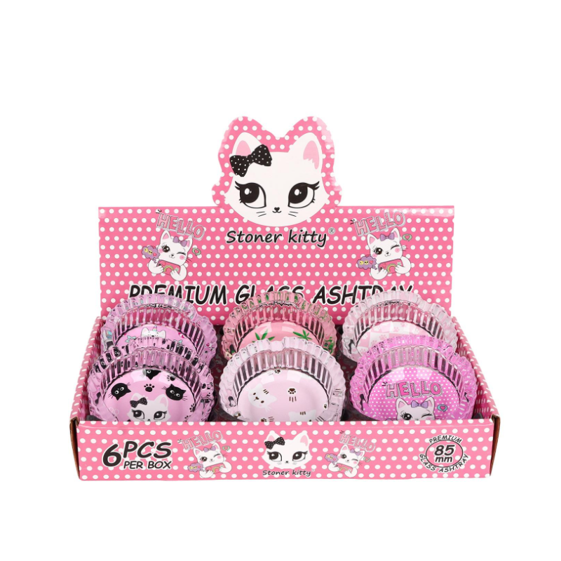 Premium Glass Ashtray Stoner Kitty Round – 85mm (6 Pack)