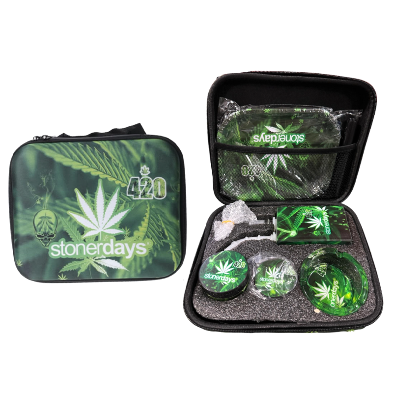 Zipper Set Smoking StonerDays 420 with Ashtray, Grinder, Tray, Bong and Containers Gift Set SS-0010