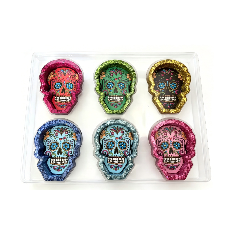 POLY STONE ASHTRAYS - SUGAR SKULL MIXED COLORS 6PCS in Display Box SS-1337