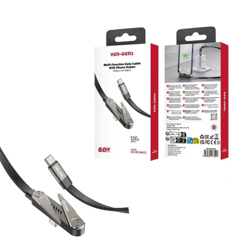 Ven-Dens universal premium 1.2M, black Type-C to Type-C 60W, multi-function fast charging data cable with phone holder VD-DC24CC