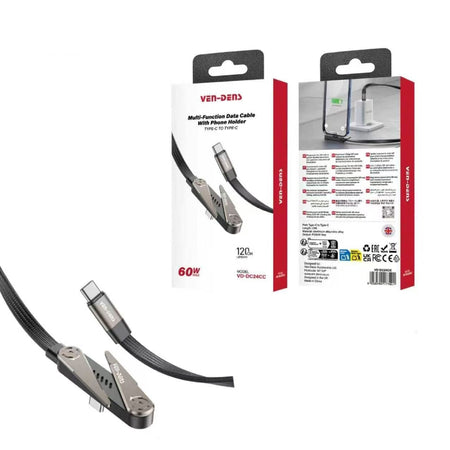 Ven-Dens universal premium 1.2M, black Type-C to Type-C 60W, multi-function fast charging data cable with phone holder VD-DC24CC