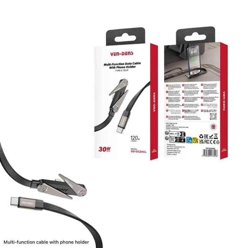 Ven-Dens Universal Premium 1.2M, black Type-C to IP 30W,  cable with phone holder VD-DC24CL x 1