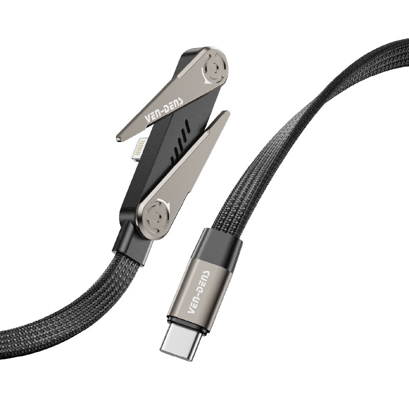 Ven-Dens Universal Premium 1.2M, black Type-C to IP 30W, multi-function fast charging data cable with phone holder VD-DC24CL