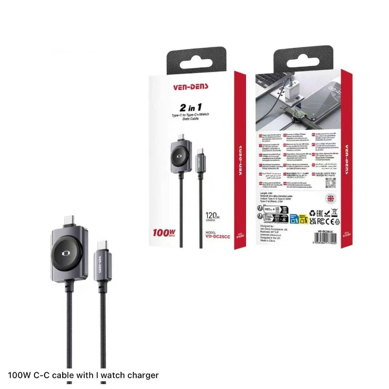 Ven-Dens universal premium 1.2M, 2 in 1 Type-C to Type-C+iWatch Data Cable VD-DC25CC