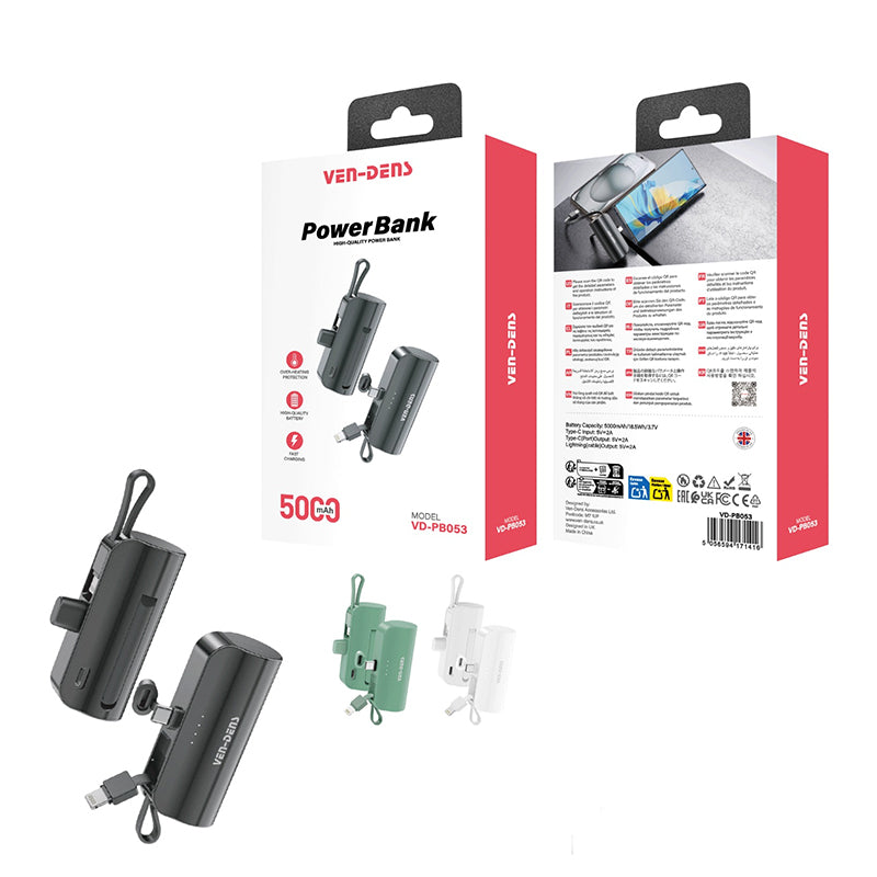 Ven-Dens 5000mah High-Capacity Fast Charging Power Bank with IP Cable VD-PB053