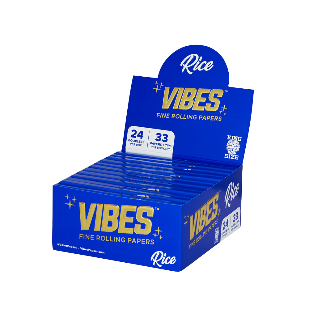VIBES King Size Slim Blue Rolling Papers  Rice with Tips 24 pack