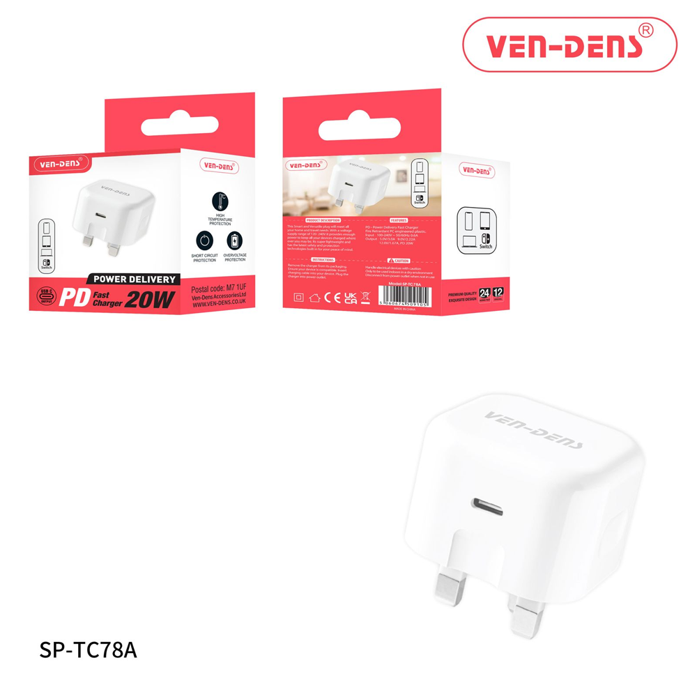 Ven Dens PD 20w Fast Charger Wall Plug White (TC78A) x 1