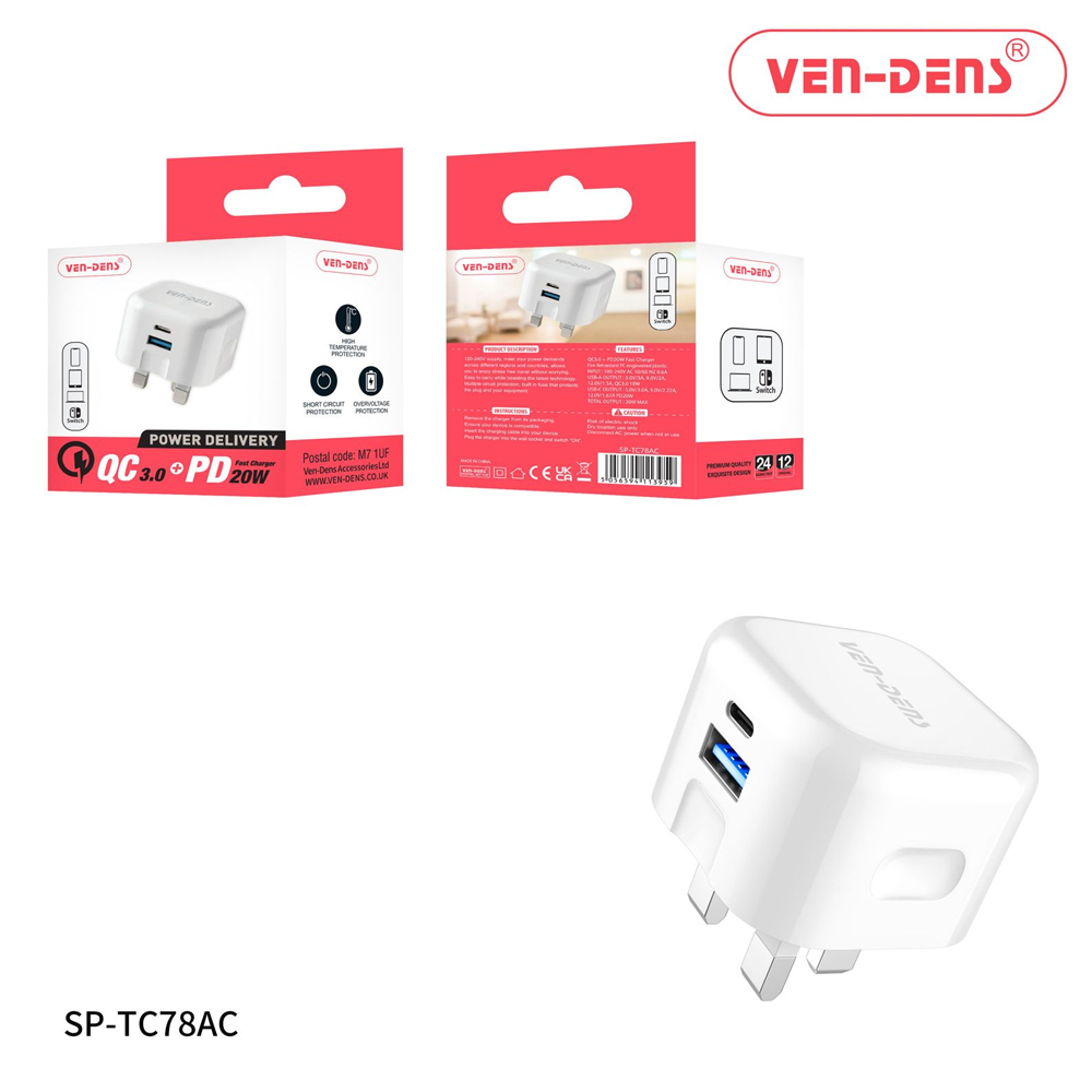 Ven Dens Dual Port QC 3.0 + PD 20w Fast Charger Wall Plug  (TC78AC) x 1