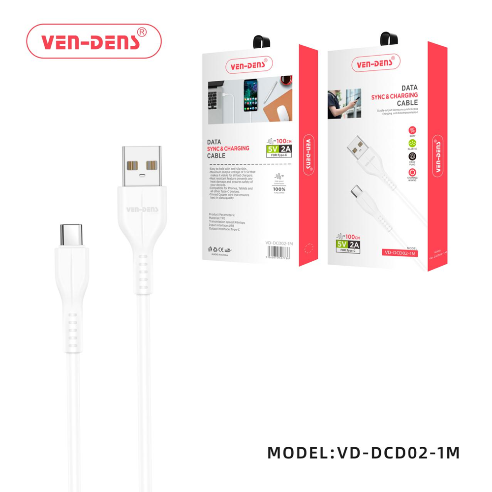 Ven-Dens-USB-to-TypeC-Charging-Cable-2A-White-(DCD02-1M)