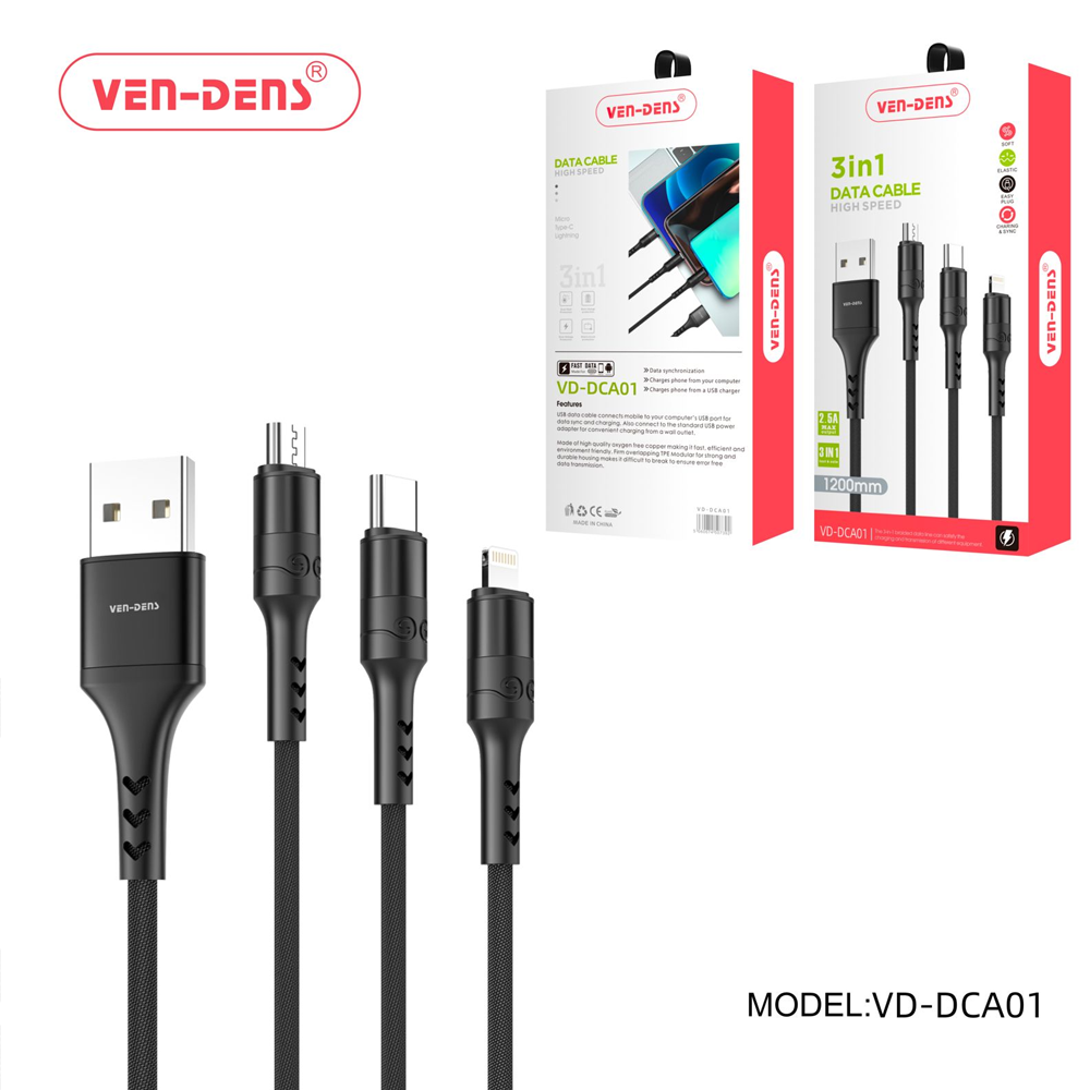 Ven Dens 3 In 1 USB to Type C Lightning and Micro Charging Cable Black 1.2 Metre (DCA01) x 1