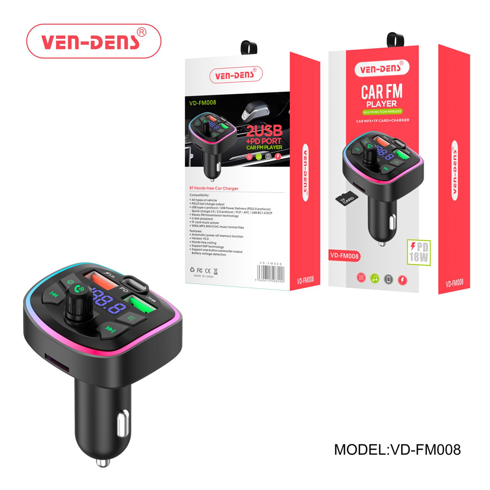 Ven-Dens-Car-Charger-&-FM-Player-with-2-USB-Port+PD-18W-(FM008)