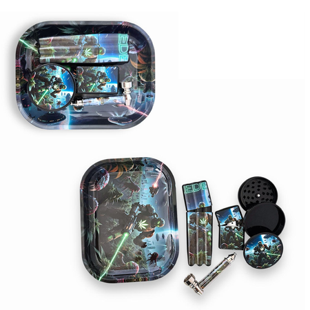 Weed Bot Metal Tray Set Oil Lighter + Small Metal Pipe + Plastic grinder + 3pc Joint Holder GS3068