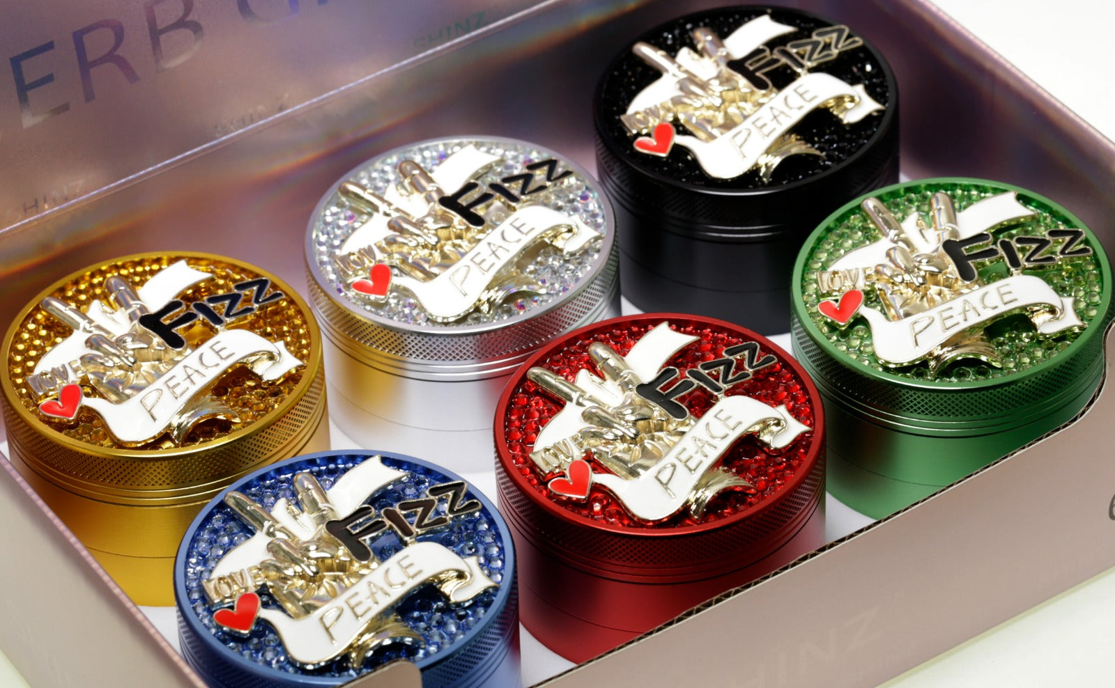 D&K Herb Metal Crystal Grinder Love Peace 63mm 6 Pack