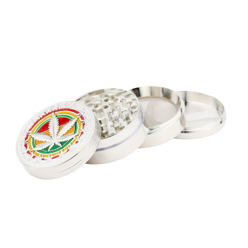 Rasta Leaf Four Piece Silver 52mm metal Grinder 12 Pack
