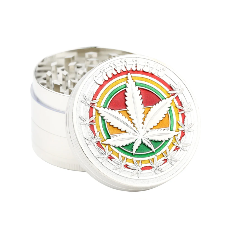 Rasta Leaf Four Piece Silver 52mm metal Grinder 12 Pack