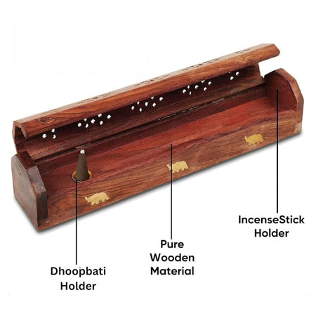 Wooden Coffin Incense Stick Cone Burner Holder Stand with Storage Compartment Ash Catcher x 1