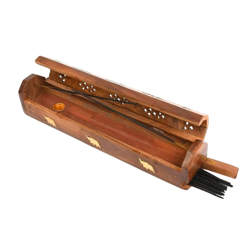 Wooden Coffin Incense Stick Cone Burner Holder Stand with Storage Compartment Ash Catcher
