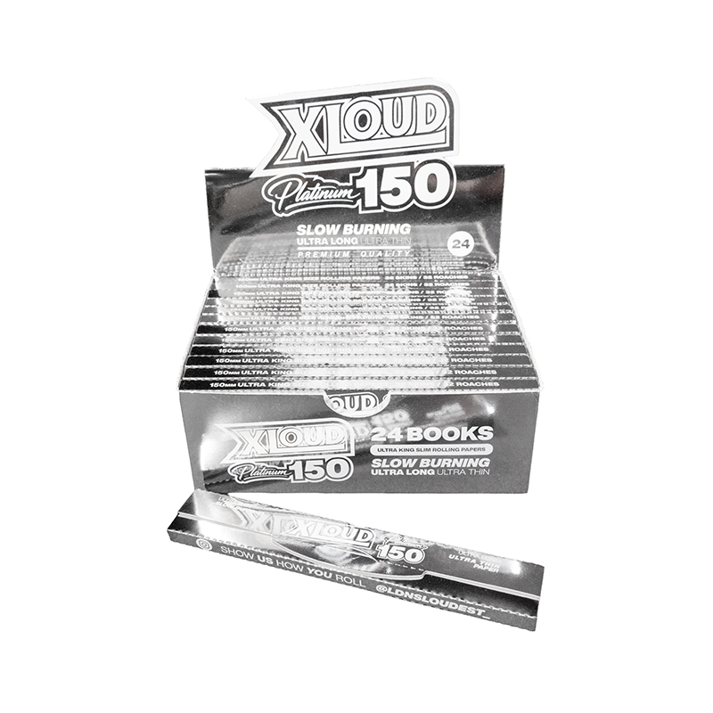XLOUD Platinum 150 Ultra King Size Rolling Papers – Slow Burning, Ultra Thin | 32 Papers + 32 Roaches | Display of 24 Packs