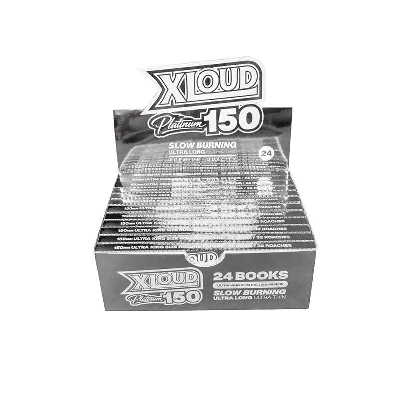XLOUD Platinum 150 Ultra King Size Rolling Papers – Slow Burning, Ultra Thin | 32 Papers + 32 Roaches | Display of 24 Packs