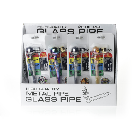Long 10cm Glass Pipe With 5 Silver Screen Assorted Colour x 24 SS-0743